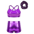 thumbnail image 2 of JanJean Girls 3 Pieces Dance Outfit Sport Crop Top Bra with Shorts Hair Tie Set Gymnastics Workout Purple 6, 2 of 7