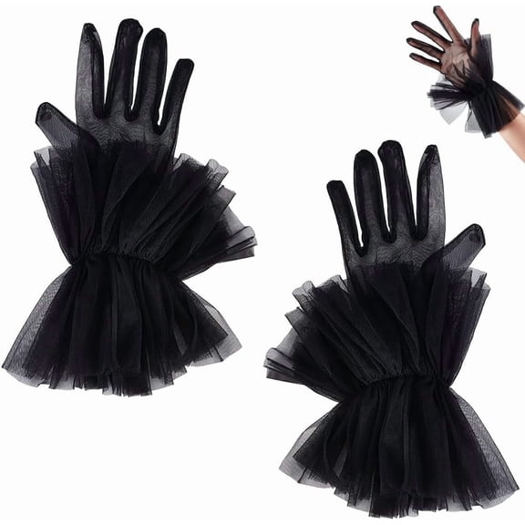 1pair Short Tulle Ruffle Gloves for Women Mesh Gloves Wedding Evening Opera Tea Party Prom Gloves Costume Accessories Black