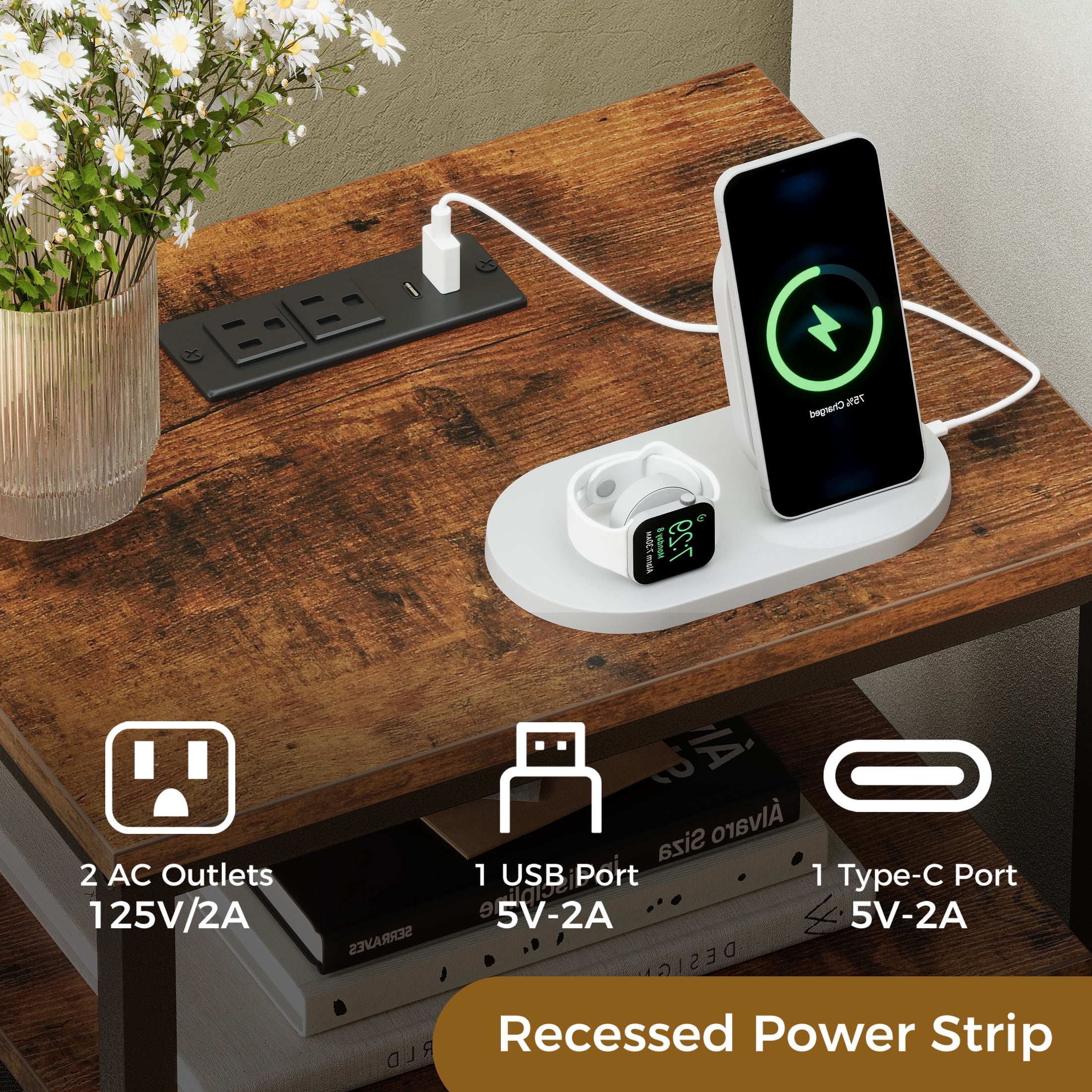 EDX Wall-mounted bedside table, featuring a built-in socket with USB/Type-C interface and adjustable drawers (two). Suitable for bedroom space-saving design. Genuine antique wood color