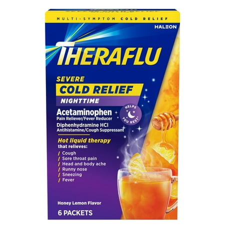 Theraflu Severe Cough Cold and Flu Nighttime Relief Medicine Powder, White Tea and Honey Lemon, 6 Count