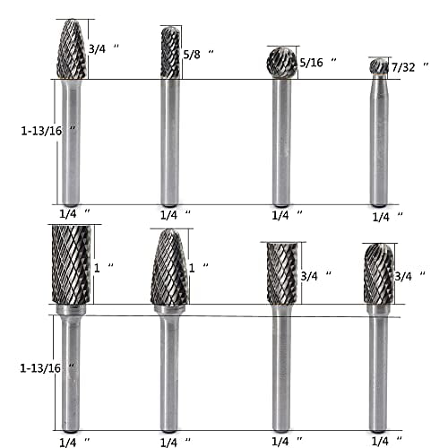 Carbide Burr Set 1/4 Inch Shank Diameter 8pcs Double Cut Edge Rotary File Metal Grinding Polishing Carving Tool Drill Bits for Grinder Kits 