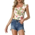 thumbnail image 1 of INSPIRE CHIC Women's Tropical Printed Square Neck Ruffle Tank Top S White, 1 of 6