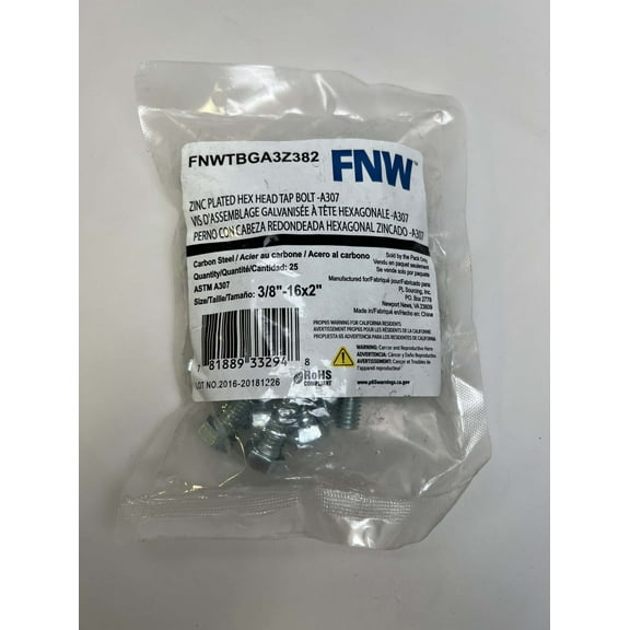 FNW Zinc Plated Hex Head Tap Bolt A307 3/8" - 16x2" FNWTBGA3A382 (25CT)