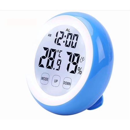 Digital Thermometer Clock, Temperature Humidity Monitor Alarm Clock Touch Screen with Backlight Magnetic Back for Home Kitchen Office Baby Room (Blue)