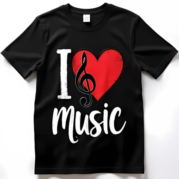I Love Music Black T-Shirt with White Text and Red Heart Design Featuring Treble