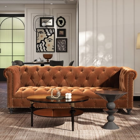 The 88" Tufted Chesterfield Sofa by Alto in Burnt Orange with Performance Velvet