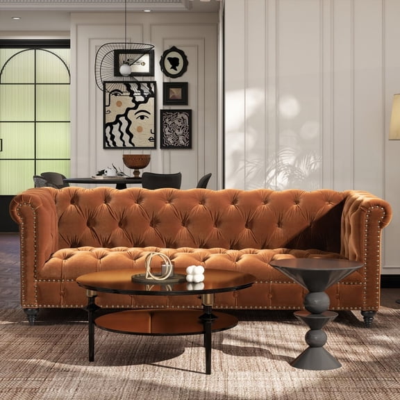 The 88" Tufted Chesterfield Sofa by Alto in Burnt Orange with Performance Velvet
