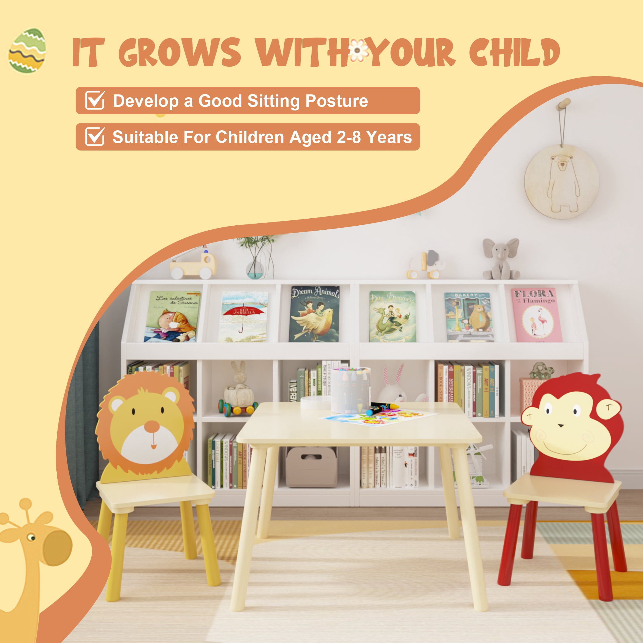 Aukfa Kids Table and Chairs Set, Wooden Play Table with 2 Animal Chairs for Toddlers, Girls, Boys