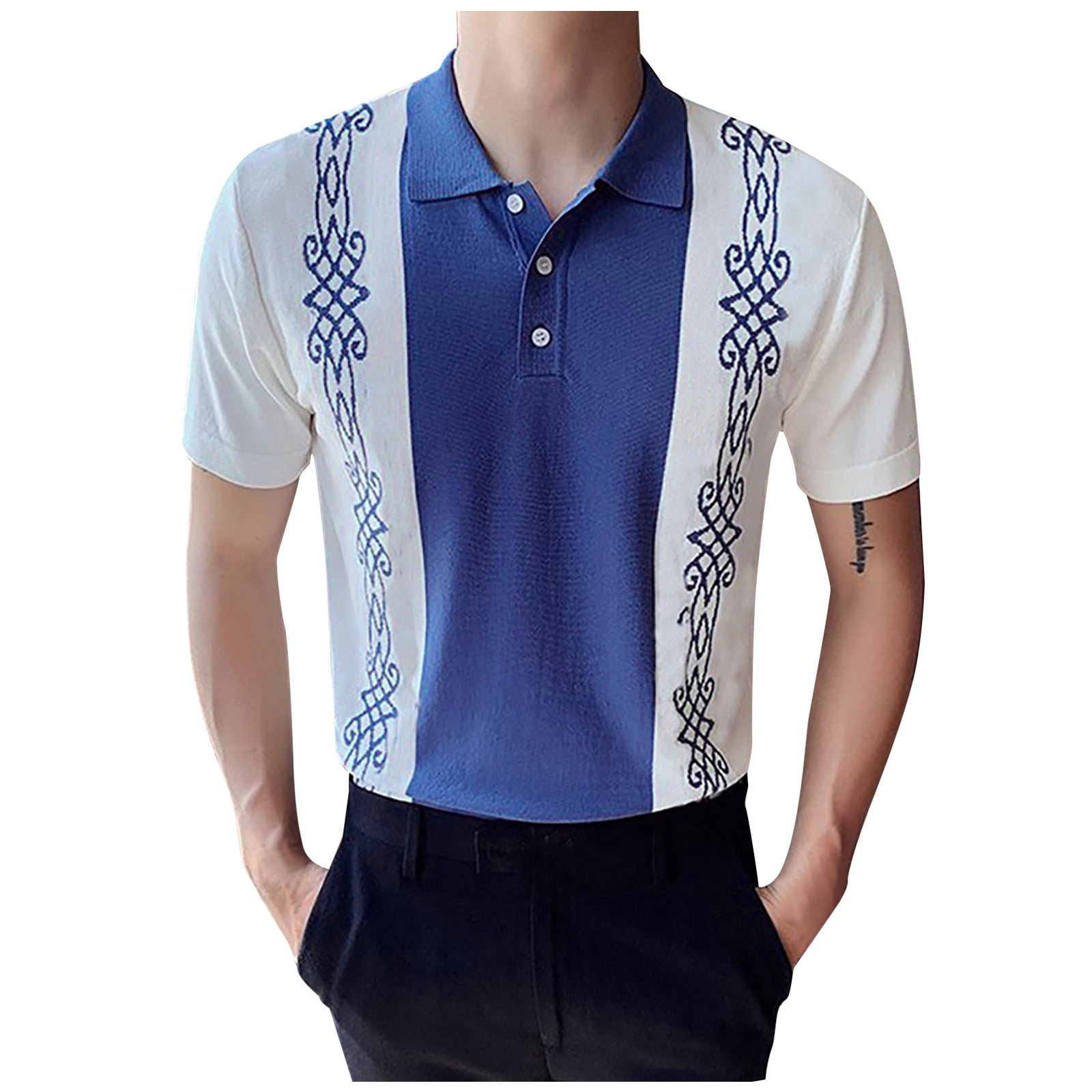 Juebong Men's Cable Knit Golf Shirts Fashion Street Slim Fit Short Sleeve  Hawaii Polo Shirts, Medium, Blue