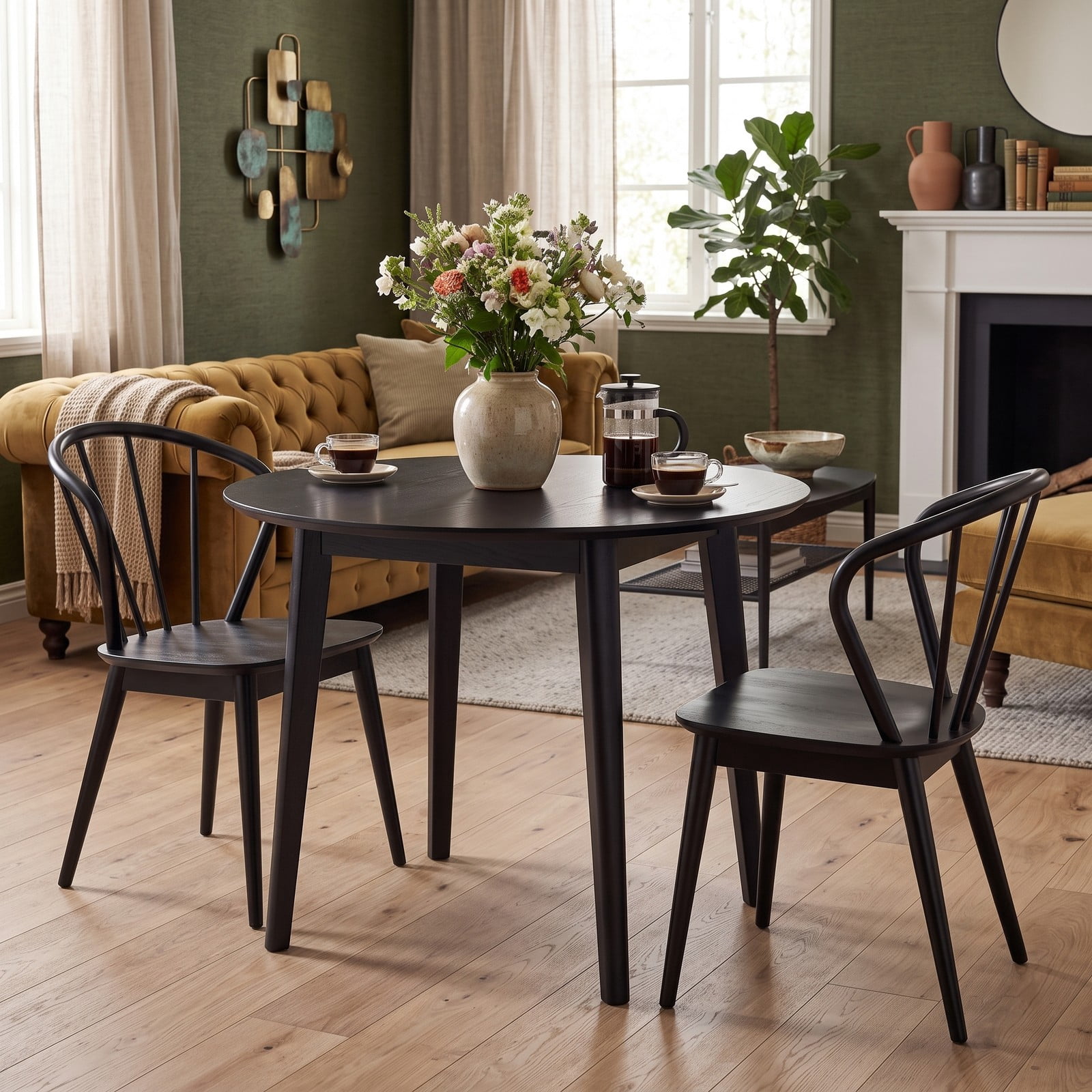 Furnibear Wooden Dining Chair Set of 2, High Spindle Back Kitchen Side Chairs with Wide Seat, Solid Rubber Wood Frame Armless Accent Chairs for Dining, Walnut Black