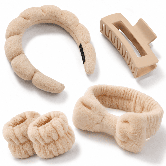 Spa Headband Wristband Set with Hair Clips - Puffy Makeup Headbands for Face Washing, Cute Preppy Hair Accessories for Women, Skin Care Essentials