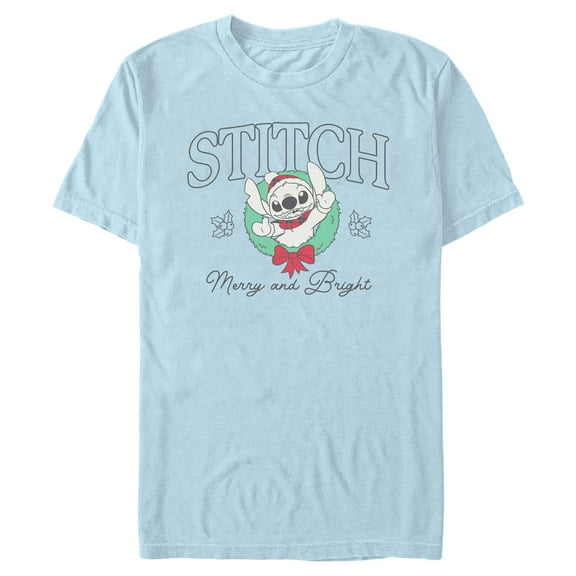 Mens Lilo & Stitch Merry and Bright Christmas Wreath T Shirt