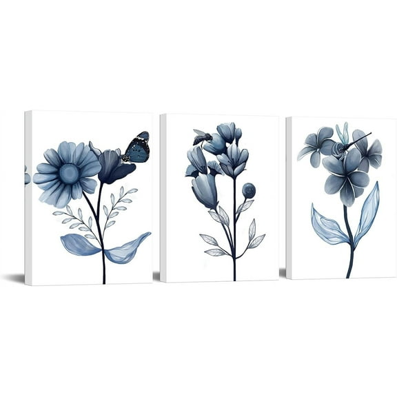 3 Piece Canvas Wall Art Navy Flower Painting Art Prints Blue Floral With Butterfly Picture Artwork Modern Bedroom Bathroom Wall Decor Framed Ready to Hang Each Panel 12x16 Inches