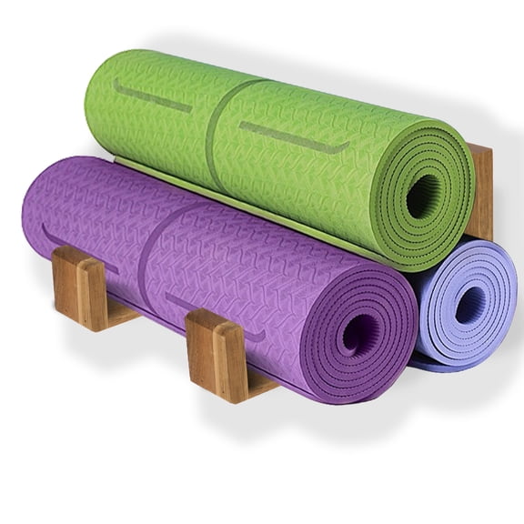 Yoga Mat Holder Wall Mount Yoga Mat Storage Rack,Wall Shelf Organizer, Foam Roller Wall Hooks, Hold 3 yoga mats, Fitness Gear Organizer Wood