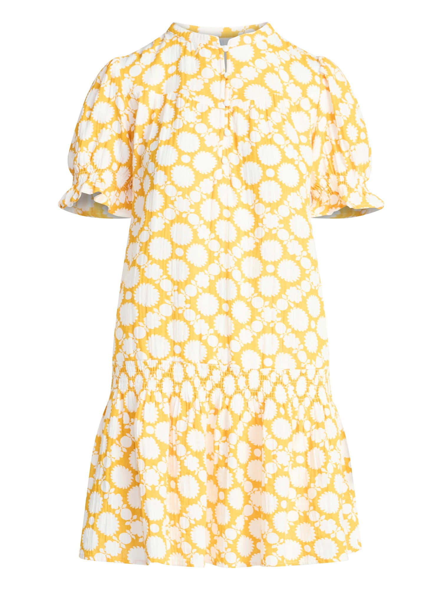 Time and Tru Women's Cotton Double Cloth Drop Waist Mini Dress with Puff Sleeves, Sizes XS-XXXL
