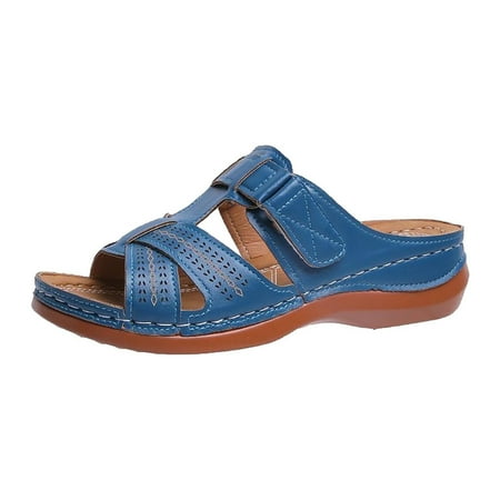 

Penkiiy Summer Women Leather Sandals Comfortable Vintage Casual Beach Open Toe Slip On Mules Wedge Shoes Slippers 38 Blue