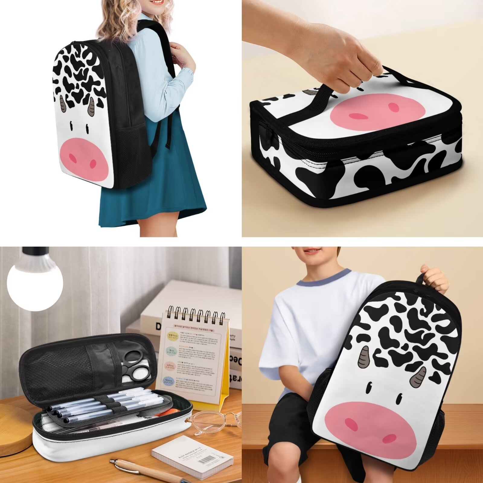 KUIFORTI 3 Pack Shoulder Bag Set Portable Backpack Handbag Crossbody Bag Pencil Case, Cute Cow Print