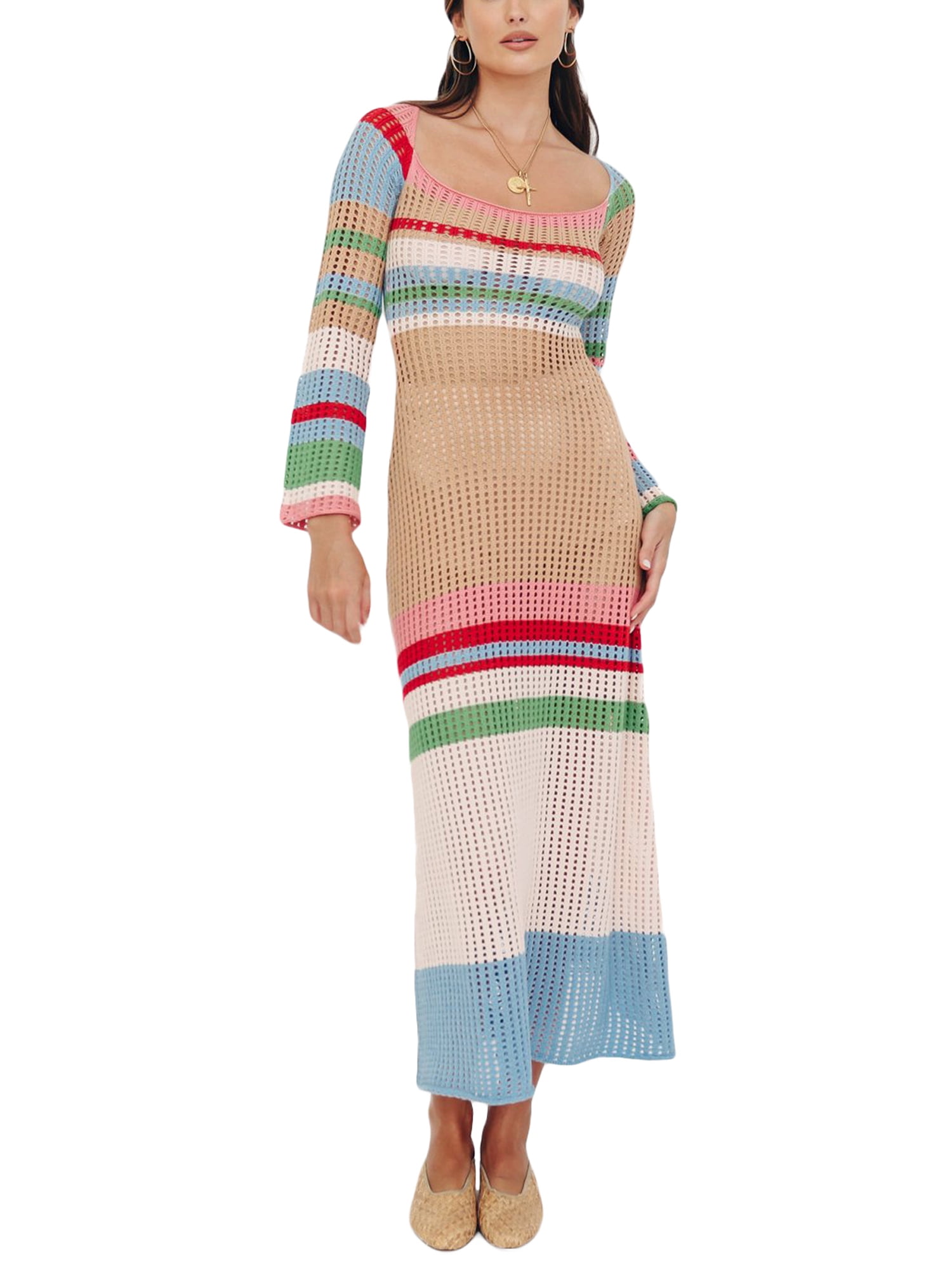 Woman midi lightweight dress Summer knitwear Natural yarns hand knitted dress Knitted boho beach dress See throught crochet