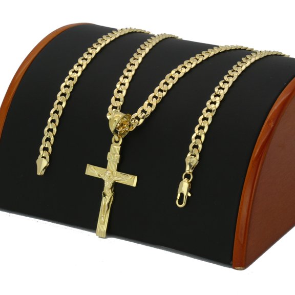 Gold Plated JESUS CROSS Religious Pendant & 14K Stamped 6mm 24" Cuban Chain Necklace Unisex Men Women