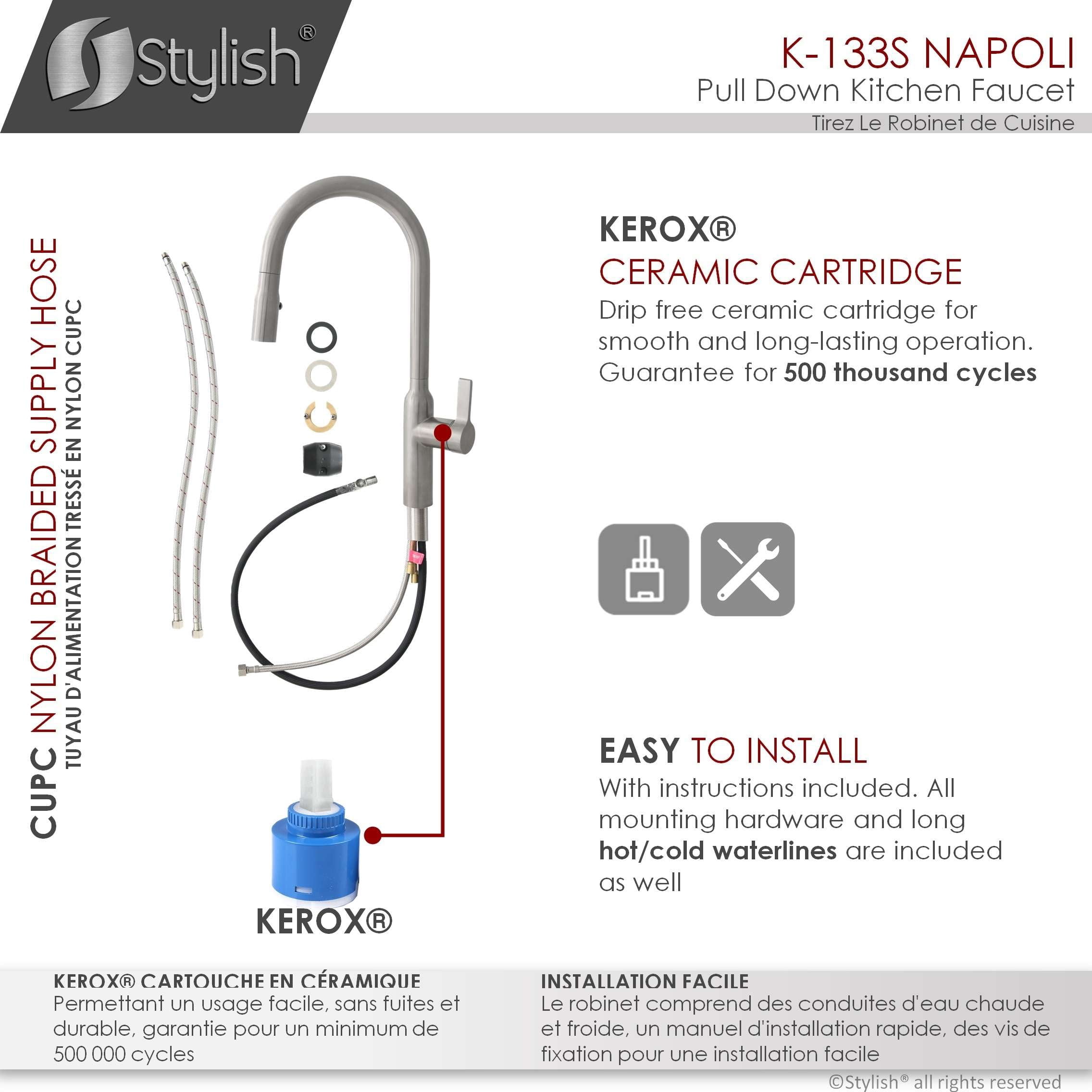 Stylish Napoli Single Handle Brushed Stainless Pull Down Kitchen Faucet K-133S