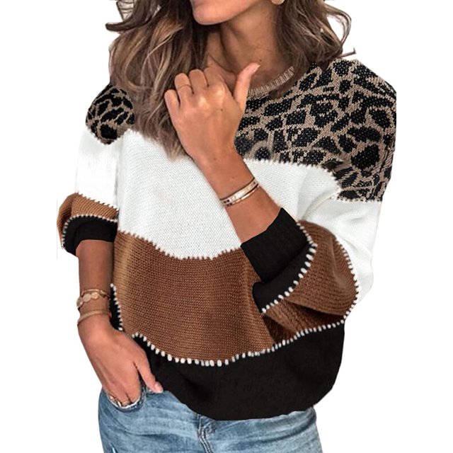 Women's Sweaters Casual Long Sleeve Crewneck Color Block Patchwork Pullover Knit Sweater Tops