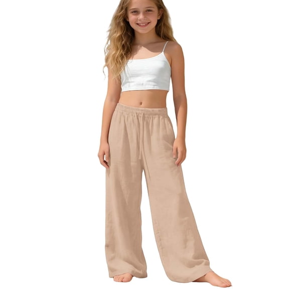 hoksml Girls Cotton Wide Leg Pants, Back to School Elastic Waist Drawstring Casual Trousers with Pockets