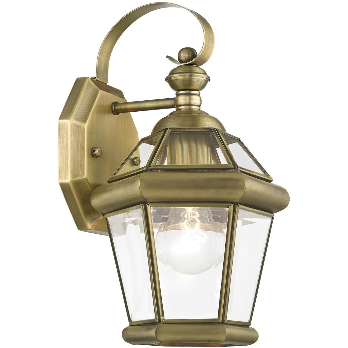 7 inch 1 Light Antique Brass Outdoor Wall Lantern Pendant Lighting Fixture with Clear Glass Panel Shade backed with Hand Crafted Solid Brass material for patio, front porch, entryway and more