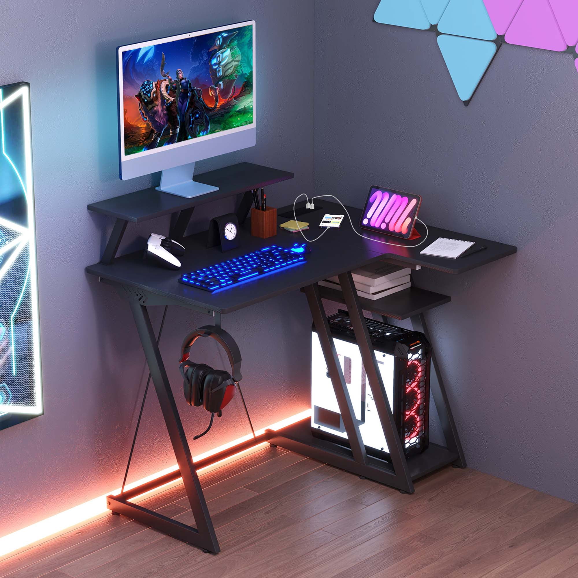 Costway L Shaped Gaming Desk with Outlets & USB Ports Monitor Shelf Headphone Hook Black