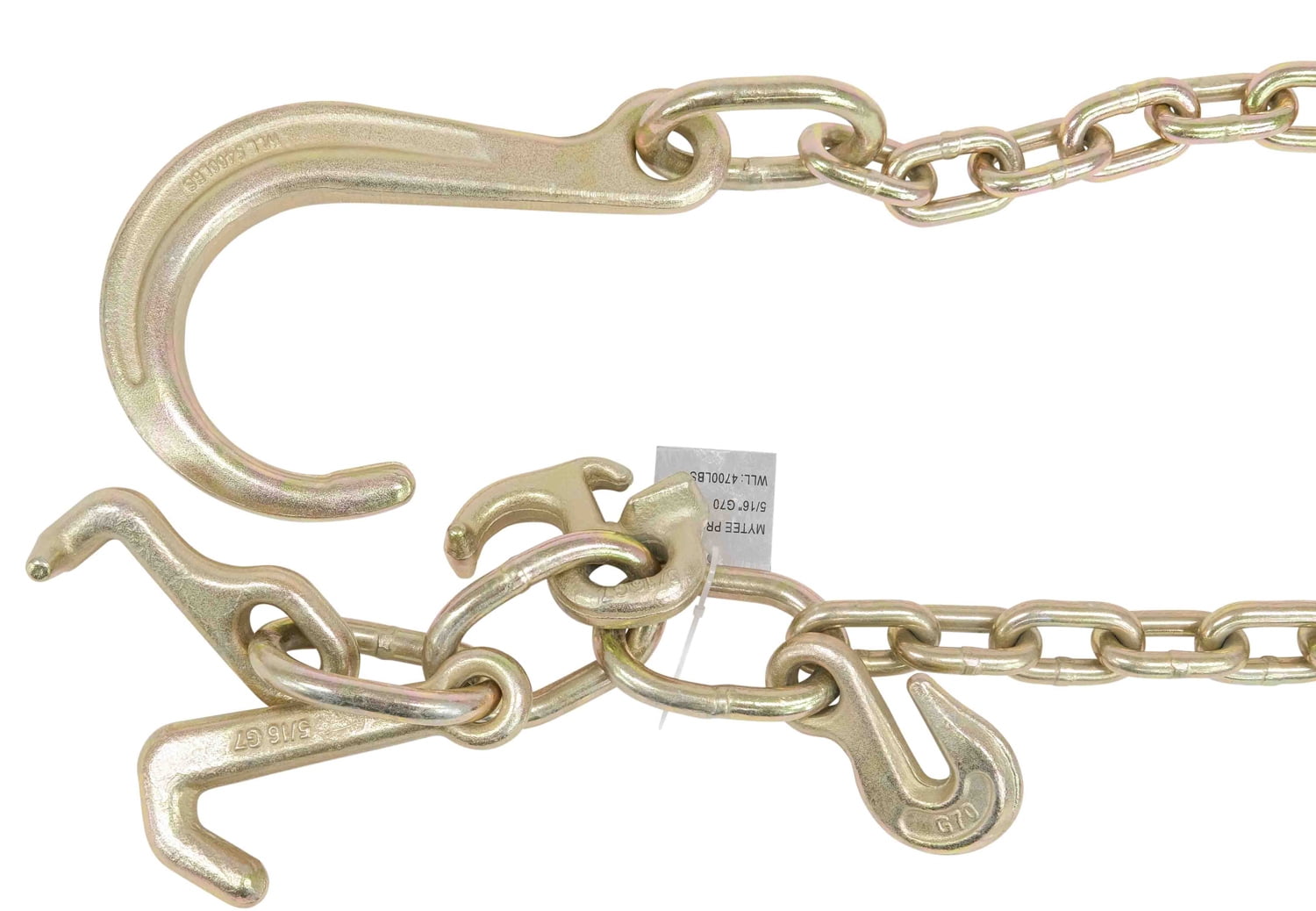 5/16"x6' Leg G70 8" Long Shank J Hook Tow Chain w/ RTJ Cluster Hook & Grab Hook - 4700 lbs WLL Heavy Duty Transport Truck Chain for Car Wrecker Recovery - Towing Equipment