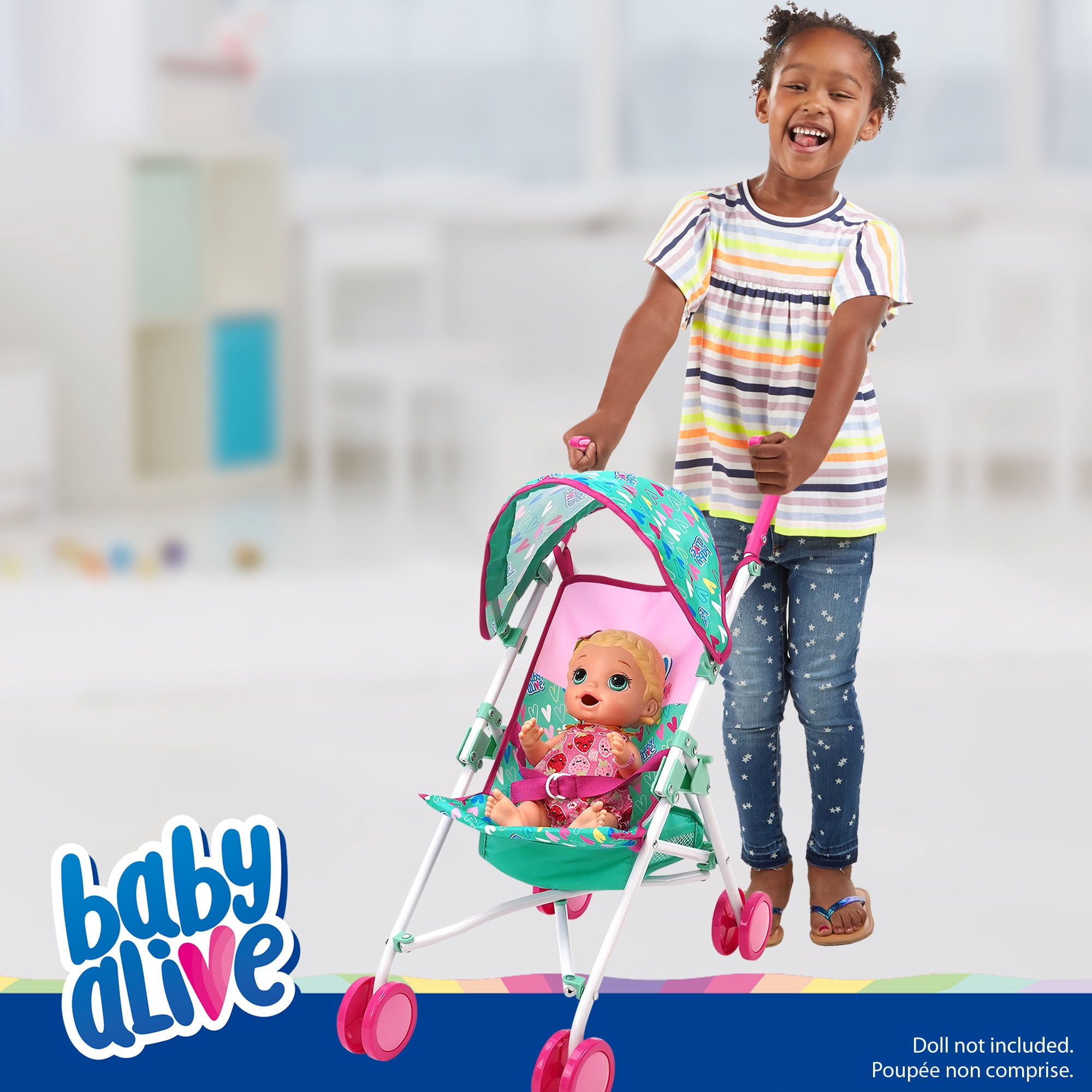 Baby Alive: Doll Umbrella Stroller - Green, Pink, Hearts - Accessory For Dolls Up To 24", Foldable Design, Retractable Canopy, Kids Toy, Ages 3+