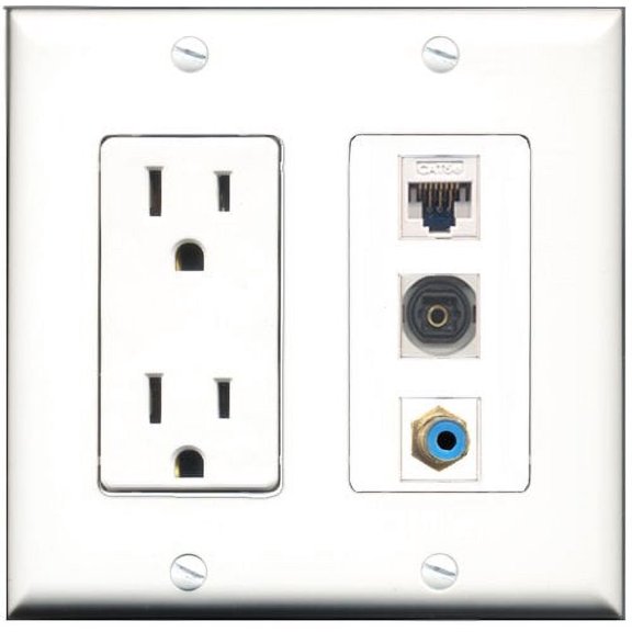 RiteAV - 15 Amp Power Outlet 1 Port RCA Blue 1 Port Toslink 1 Port Cat5e Ethernet White Decorative Wall Plate