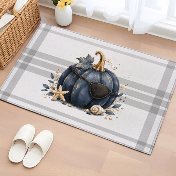 Navy Blue Pumpkins Fall 2'x3' Washable Rug, Rustic Grey Line Thanksgiving Non-Slip Soft Doormat Area Rugs for Entrance Bathroom Bedsides, Front Doormat Carpet for Kitchen Bedroom, Entryway Floor Mat