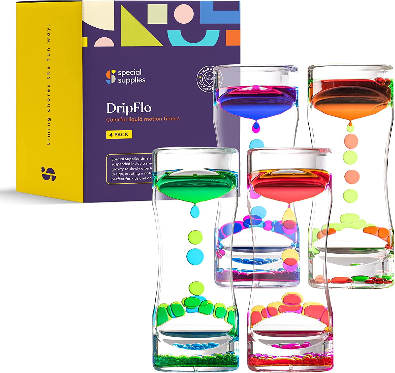 Special Supplies Liquid Motion Bubbler – 4 Pack Colorful Sensory Hourglass Timer with Droplet Movement – Schools, Therapy and Home Decor