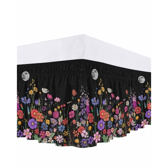 Colorful Flower Bed Skirt Queen Size 16 Inch Drop, Farmhouse Country Garden Moon Night Adjustable Elastic Dust Ruffles Bedskirt for Queen Bed Wrap Around Pleated Mattress Frame Cover