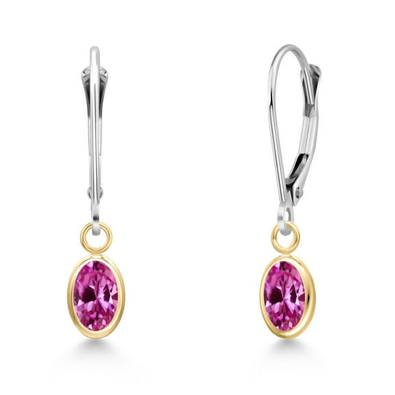 Gem Stone King 14K Two Tone Gold Pink Created Sapphire Earrings for Women | 1.00 Cttw | Gemstone September Birthstone | Oval 6X4MM