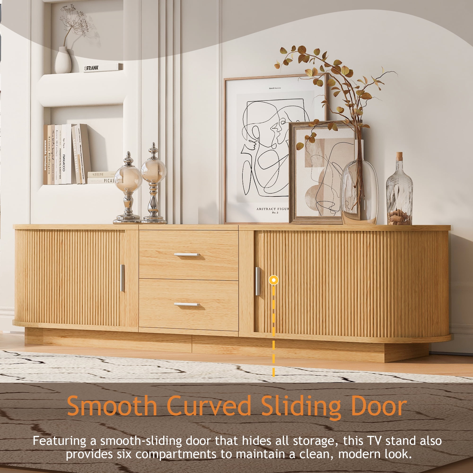 Homy Casa 70.8" TV Stand, Fluted Media Console with Drawers and Cabinets, Natural