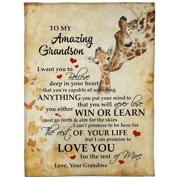 To My Grandson - Giraffe I Love You Fleece Blanket Grandson From Grandma Birthday Gift Home Decor Bedding Couch, 30x40in Fleece Blanket