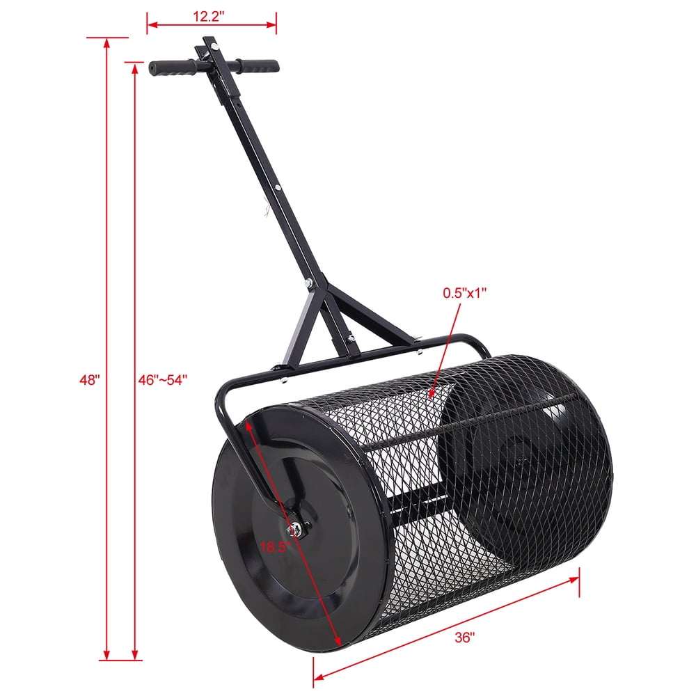 36 Inch Peat Moss Spreader, Metal Mesh Compost Spreader, 2-in-1 ATV / Walk-Behind with T‑Shaped Handle, Heavy Duty Lawn & Garden Manure Roller