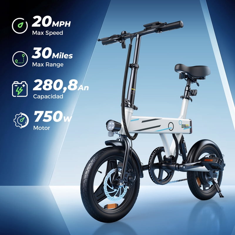 750W Peak Folding Electric Bike for Adult Teens,20MPH 36V/7.8AH,14" Ebike,White