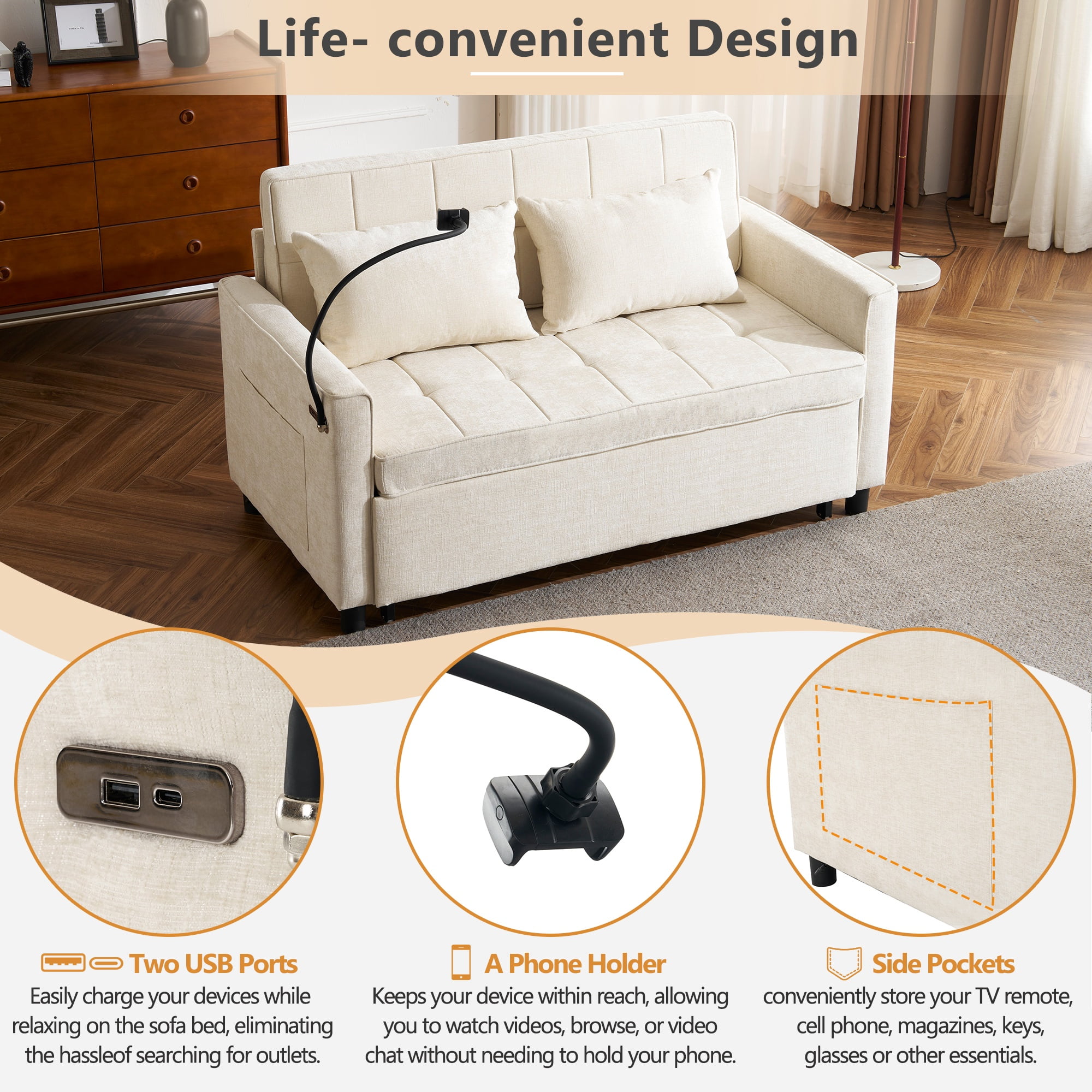 3 in 1 Convertible Sofa Bed, Pull Out Couch with Phone Holder & Backrest Cushion, Loveseat Sleeper for Living Room, Little Apartment, Bedroom, Beige