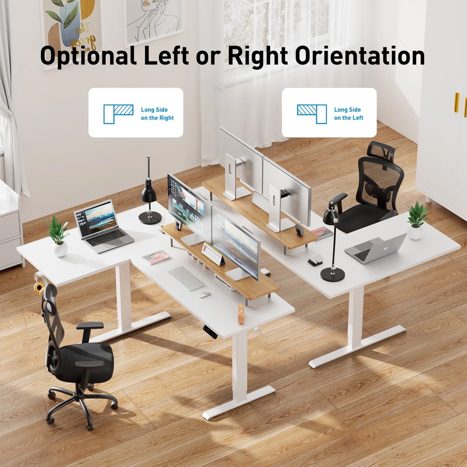 Kyspho L-Shaped Electric Standing Desk with Cable Tray, 71″ x 48″ Dual Motor Height Adjustable Sit to Stand Computer Desk with 3 Preset Heights, 2 Hooks for Home Office, White