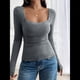 thumbnail image 5 of Camisas de Larga para Mujer, Cuello Cuadrado, Tops Cortos de Punto Acanalado, Conjuntos de Otoño, Ropa de Moda Gris M, 5 of 10
