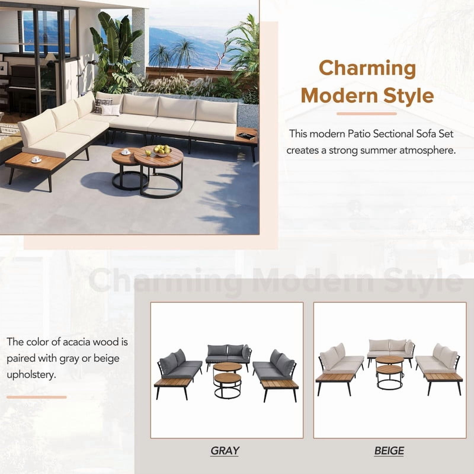 6-Piece L-Shaped Outdoor Sectional Sofa Set with Round Nesting Coffee Tables, Patio Furniture Set with Side Tables, Outdoor Conversation Set with Cushions