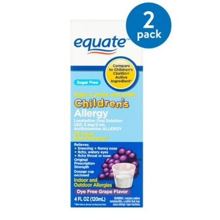 (2 Pack) Equate Sugar Free Children's Allergy Relief Loratadine Dye-Free Grape Suspension, 4
