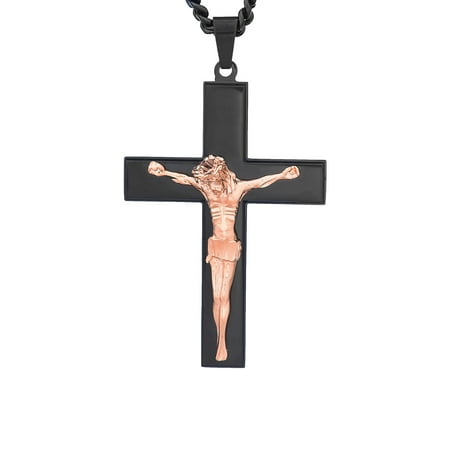 Jewelry Stainless Steel Black Cross with Rose Gold-Tone Jesus Crucifix Pendant, 24