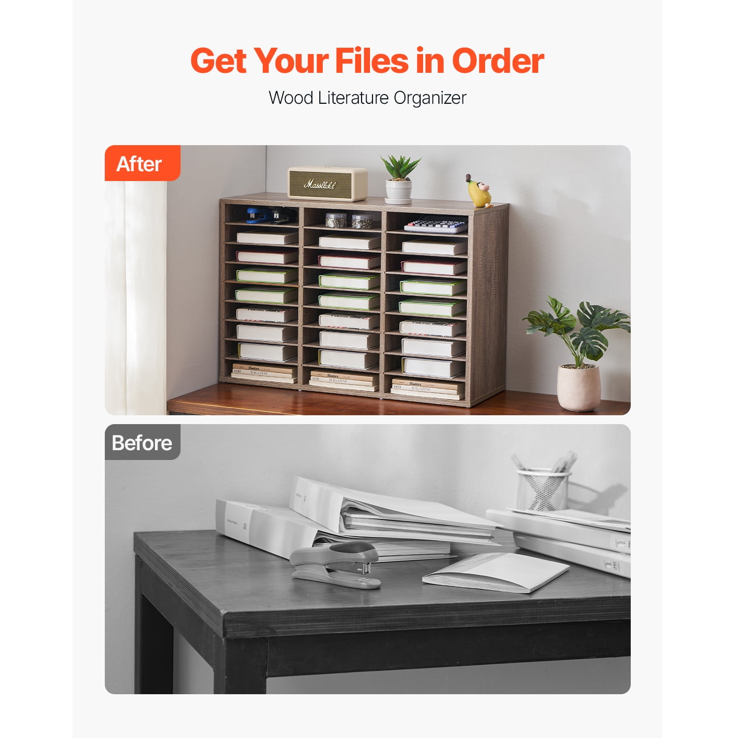 KFFKFF Document Storage, 27-Slot Office Post Box with Adjustable Shelves, Particle Board Mail Sorter for Office, Home, or Classroom, File Organizer for Documents, Papers, Black-Grey