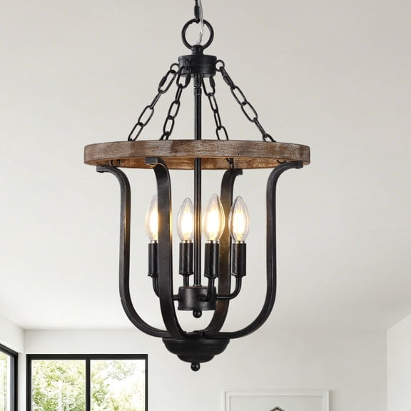 Chords Attic 14" 4-Light Farmhouse Solid Wood Chandelier, Rustic Lantern Pendant Light with 59" Adjustable Chain for Foyer, Dining Room, Kitchen Island