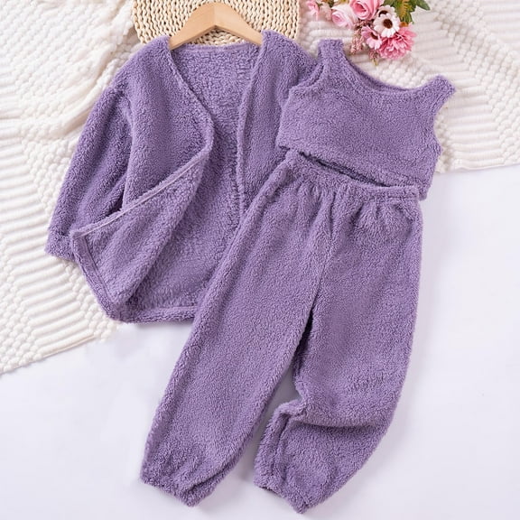 UQJfacai Toddler Girls 3 Piece Oufits Fuzzy Fleece Tank Top Plush Open Front Cardigan Pants Set Soft Fall Winter Clothes 1-7 Years