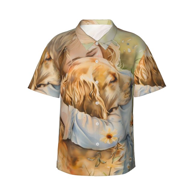 Balery Girl Hugging Dog Flowers Camisas hawaianas de manga corta para hombre, camisas playeras de corte holgado, camisas de vacaciones con botones,3X-Large