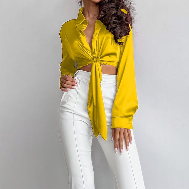 EGNMCR Veste à Manches Longues pour Femmes, Sans Capuche, Décontractée, Col en Satin, Mode et Élégance, Chemise Courte
